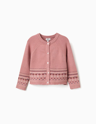 Knitted cardigan with jacquard pattern for baby girls, dusty pink