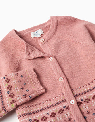 Knitted cardigan with jacquard pattern for baby girls, dusty pink