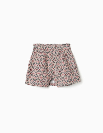 Falda pantalón de pana con estampado floral para niña, beige