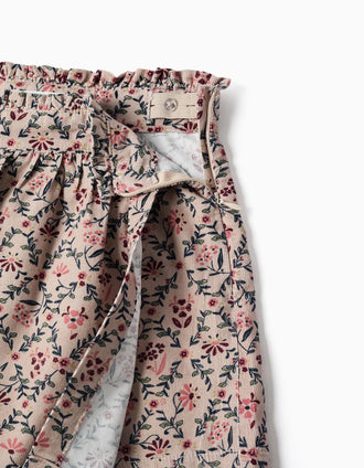 Falda pantalón de pana con estampado floral para niña, beige