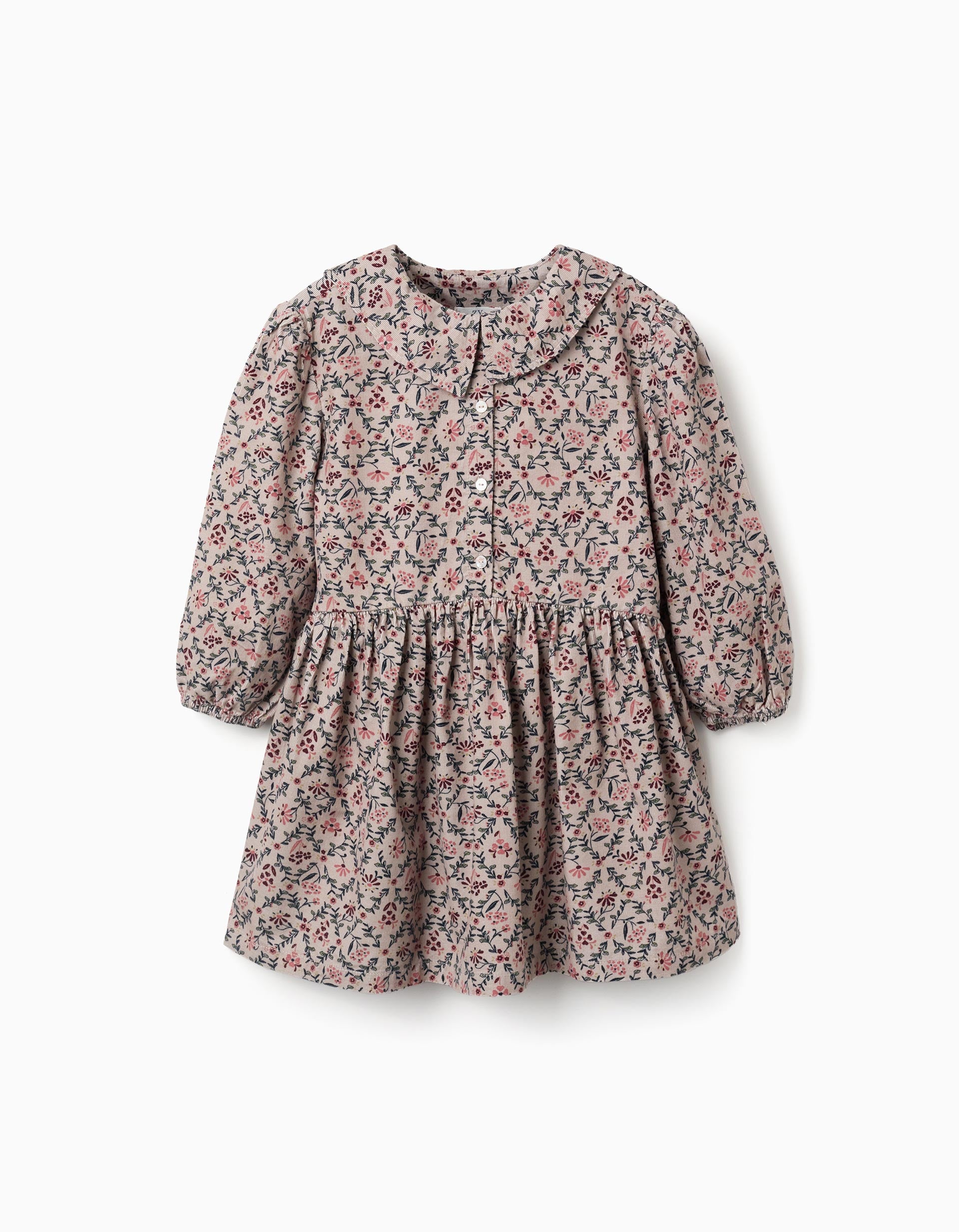 Vestido de manga larga de pana con estampado floral para niña, beige
