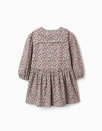 Vestido de manga larga de pana con estampado floral para niña, beige