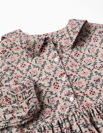 Vestido de manga larga de pana con estampado floral para niña, beige