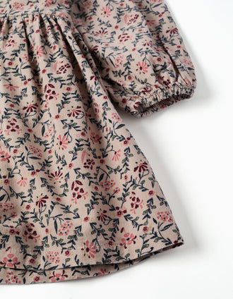 Long sleeve corduroy dress with floral pattern for girls, beige