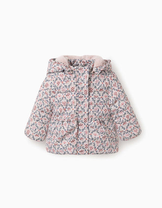 Chaqueta acolchada floral con capucha y forro de pelo para bebé niña, beige
