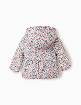 Chaqueta acolchada floral con capucha y forro de pelo para bebé niña, beige