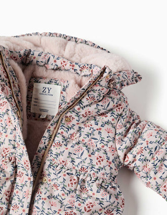 Chaqueta acolchada floral con capucha y forro de pelo para bebé niña, beige
