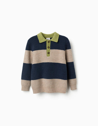 Camisola de malha às riscas para menino, azul-marinho/bege/verde