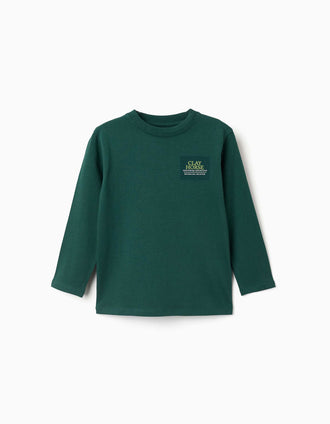 Camiseta de manga larga de algodón Clay Horse para niño, verde