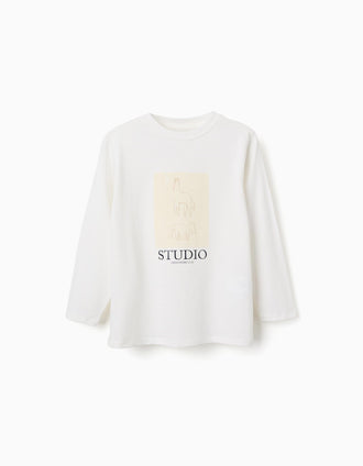 Camiseta de manga larga de algodón Studio para niño, blanco