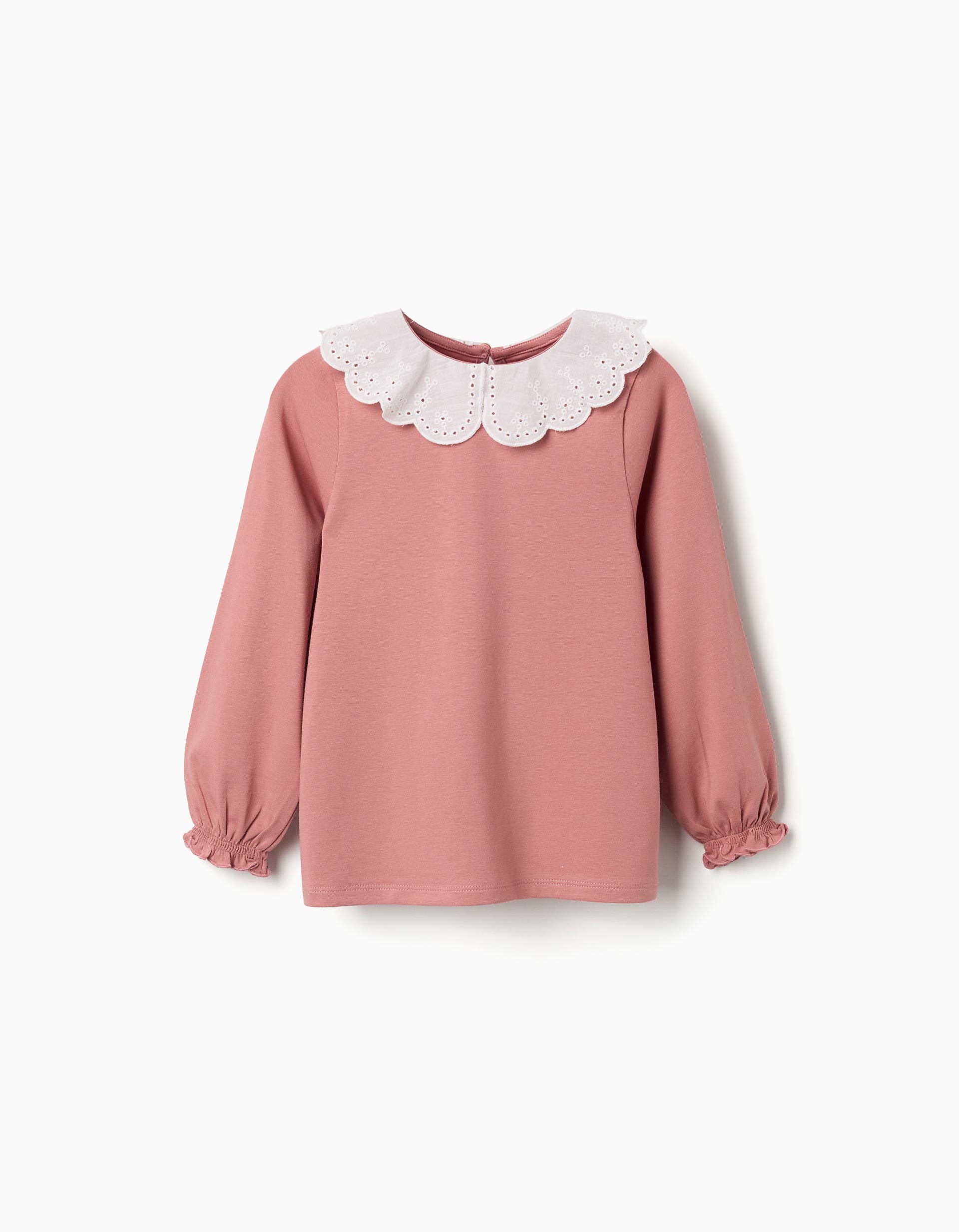 Camiseta de manga larga con cuello en bordado inglés para niña, rosa
