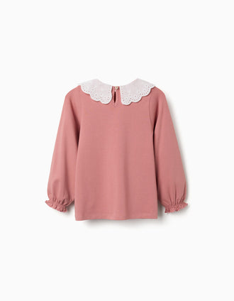 Camiseta de manga larga con cuello en bordado inglés para niña, rosa