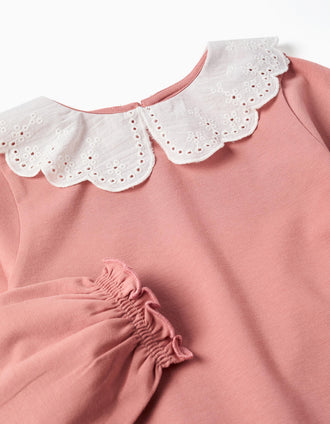 Camiseta de manga larga con cuello en bordado inglés para niña, rosa