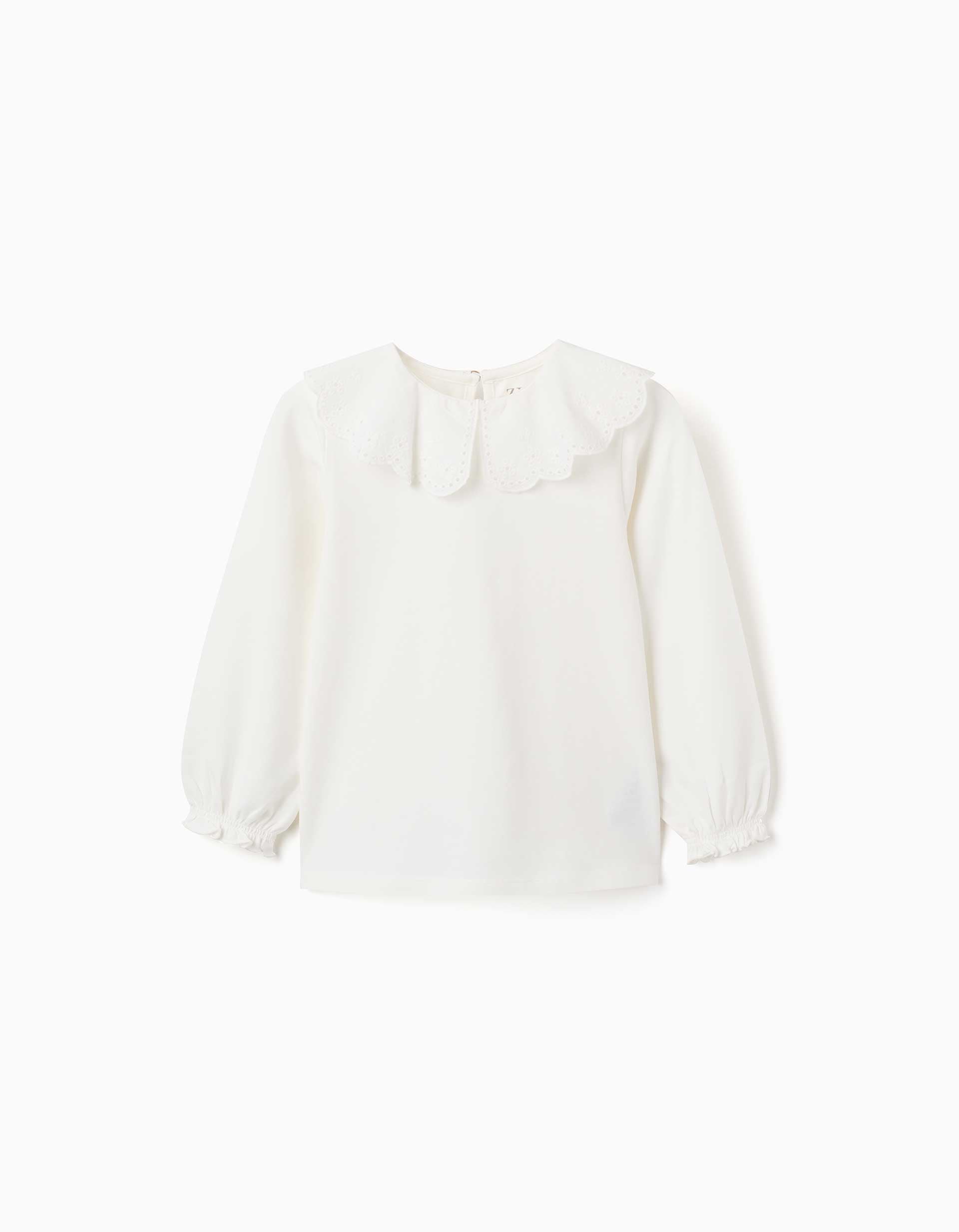 Camiseta de manga larga con cuello en bordado inglés para niña, blanco