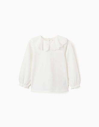 Camiseta de manga larga con cuello en bordado inglés para niña, blanco