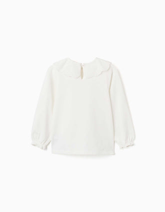 Camiseta de manga larga con cuello en bordado inglés para niña, blanco