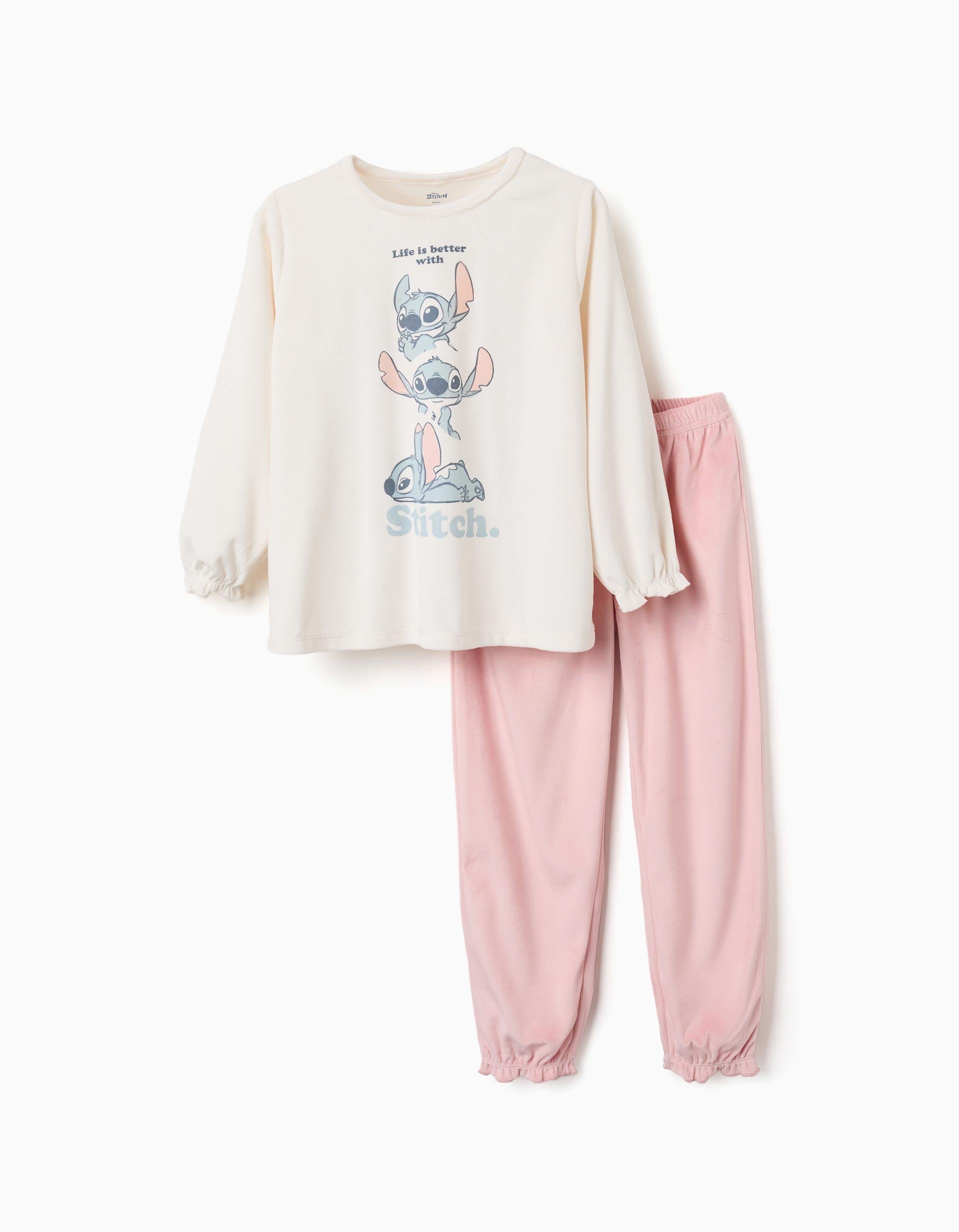Velvet pyjamas with Stitch print for girls, light beige/pink