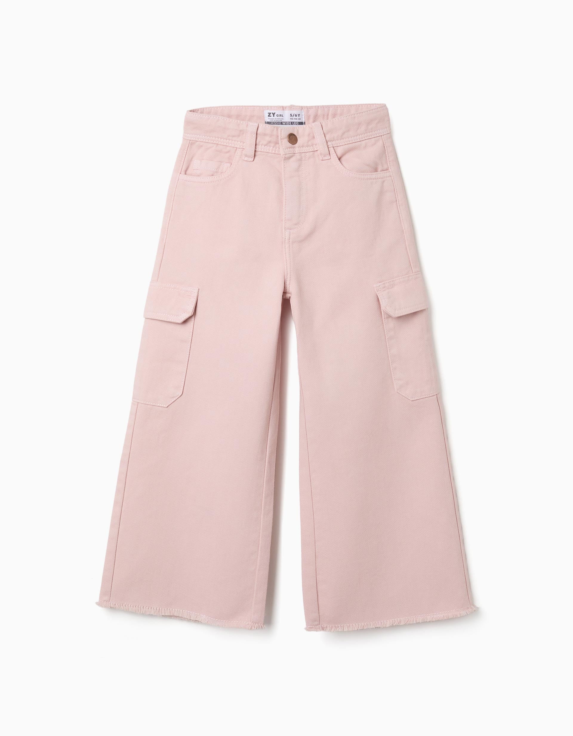 Wide leg twill trousers with cargo pockets for girls, light pink