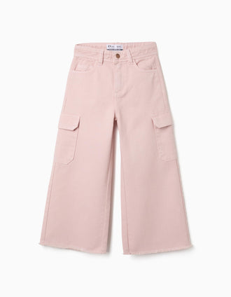 Wide leg twill trousers with cargo pockets for girls, light pink