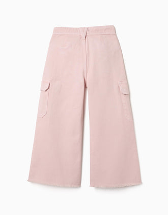 Wide leg twill trousers with cargo pockets for girls, light pink
