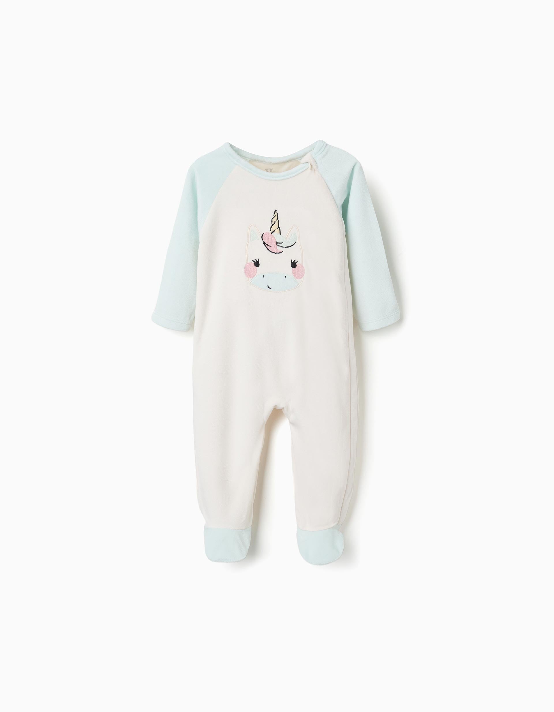 Pijama pelele de terciopelo unicornio para recién nacida y bebé, blanco/azul