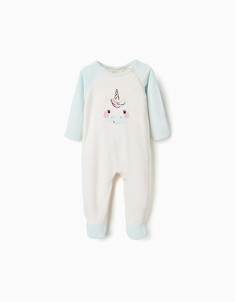Pijama pelele de terciopelo unicornio para recién nacida y bebé, blanco/azul