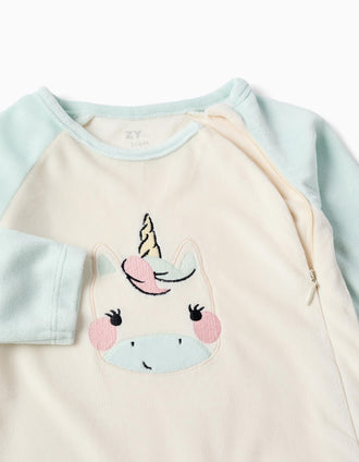 Pijama pelele de terciopelo unicornio para recién nacida y bebé, blanco/azul