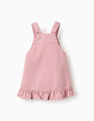 Saia de peito de sarja com bainha de folhos para bebé menina, rosa