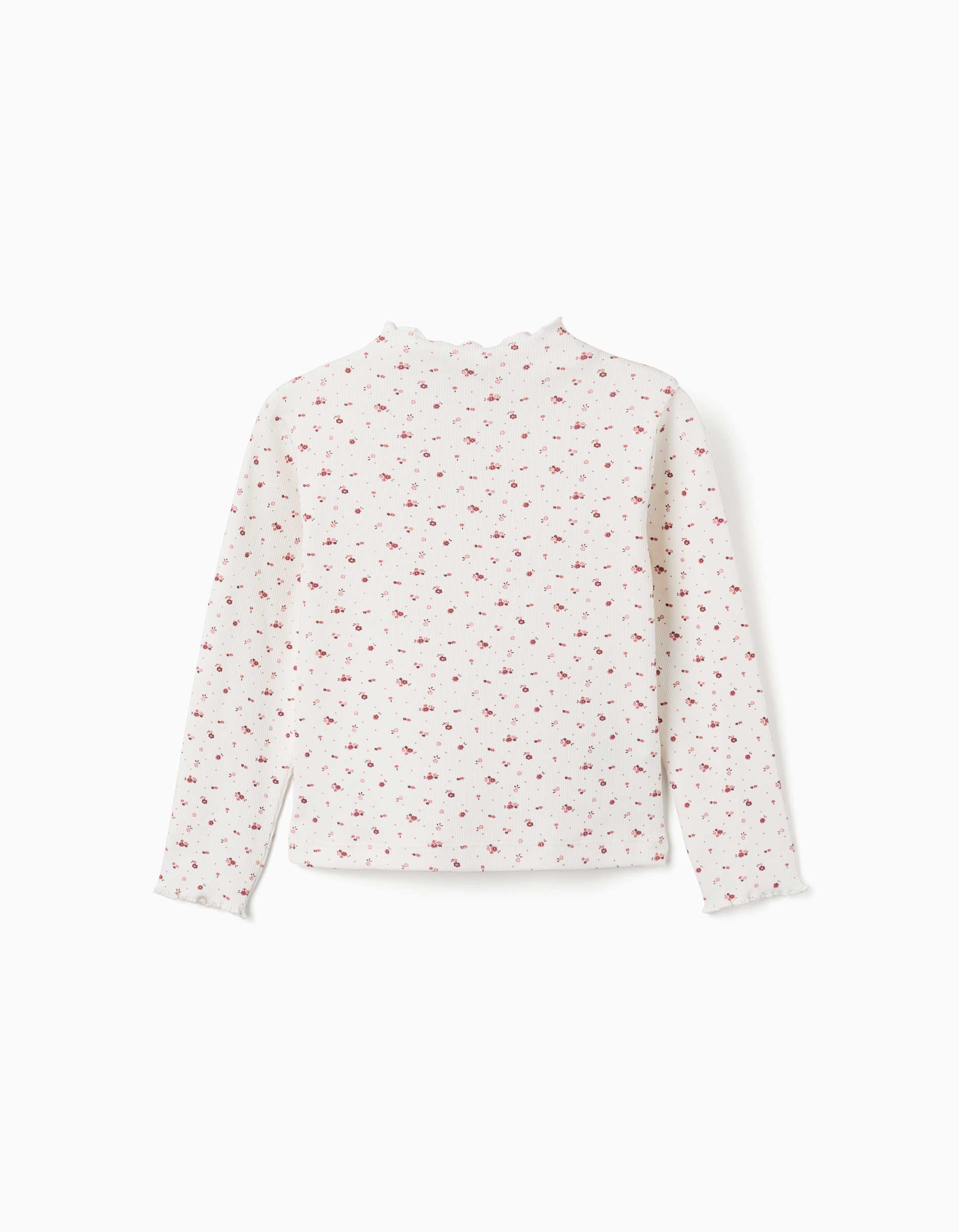 Camiseta de manga larga acanalada con estampado floral para niña, blanco