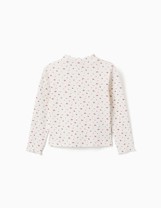 Camiseta de manga larga acanalada con estampado floral para niña, blanco
