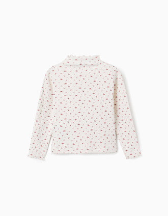 Camiseta de manga larga acanalada con estampado floral para niña, blanco