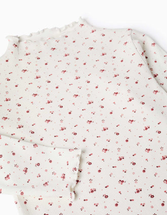Camiseta de manga larga acanalada con estampado floral para niña, blanco