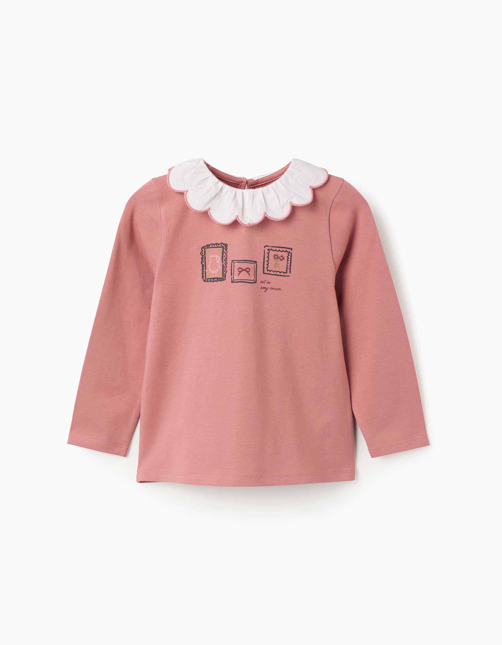 Camiseta de manga larga con estampado arte y flores para niña, rosa