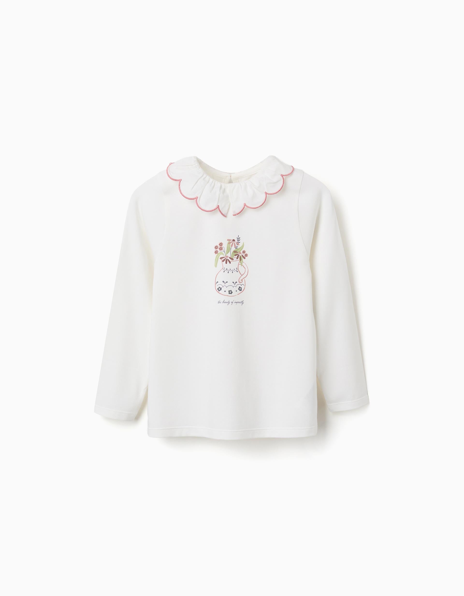 Camiseta de manga larga con estampado jarrón de flores para niña, blanco