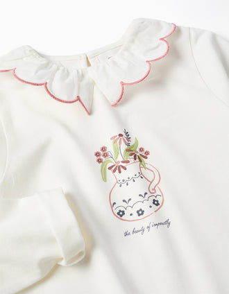 Camiseta de manga larga con estampado jarrón de flores para niña, blanco