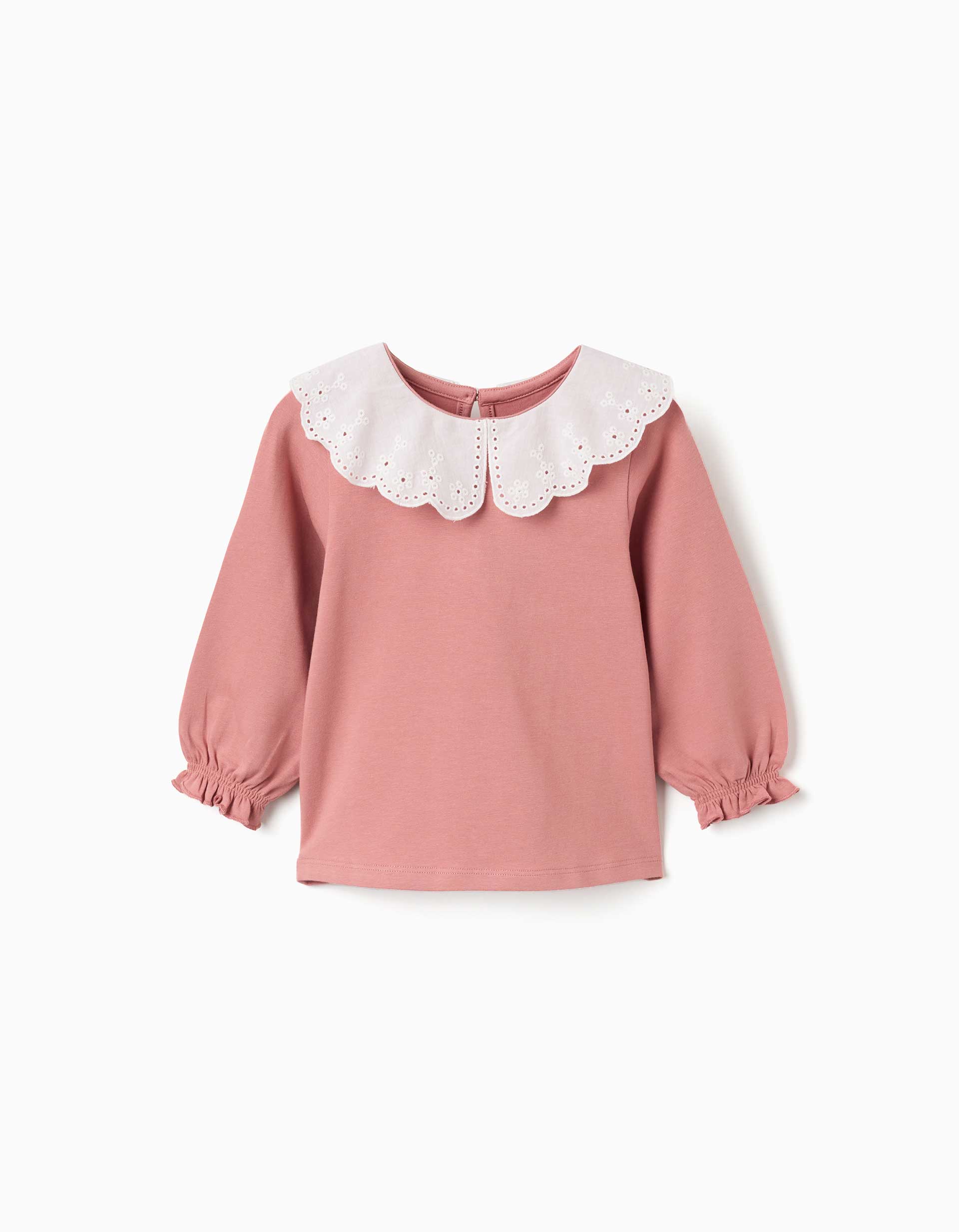 Long sleeve T-shirt with embroidered collar for baby girls, pink
