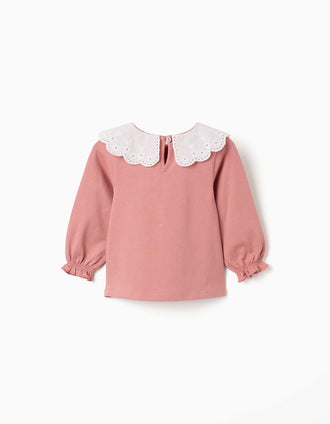 Long sleeve T-shirt with embroidered collar for baby girls, pink