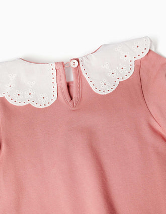 Long sleeve T-shirt with embroidered collar for baby girls, pink