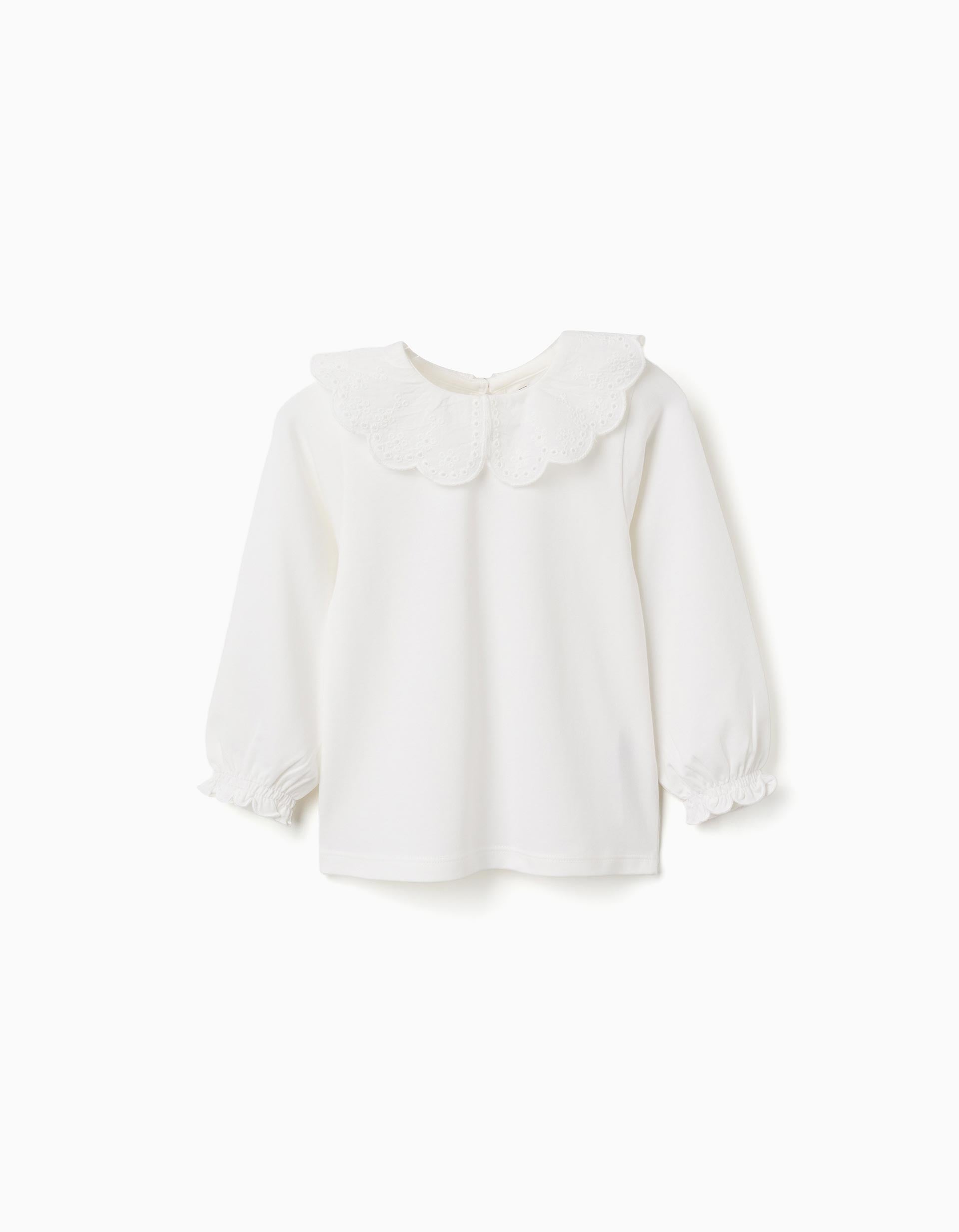 Long sleeve T-shirt with embroidered collar for baby girls, white