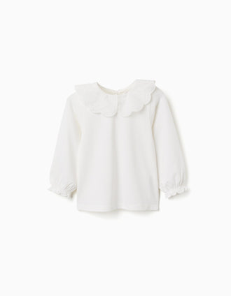 Long sleeve T-shirt with embroidered collar for baby girls, white