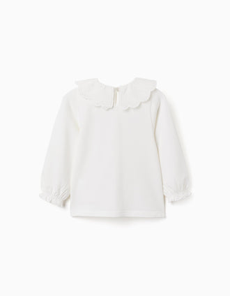 Long sleeve T-shirt with embroidered collar for baby girls, white
