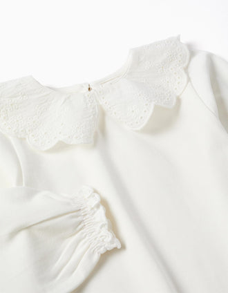 Long sleeve T-shirt with embroidered collar for baby girls, white