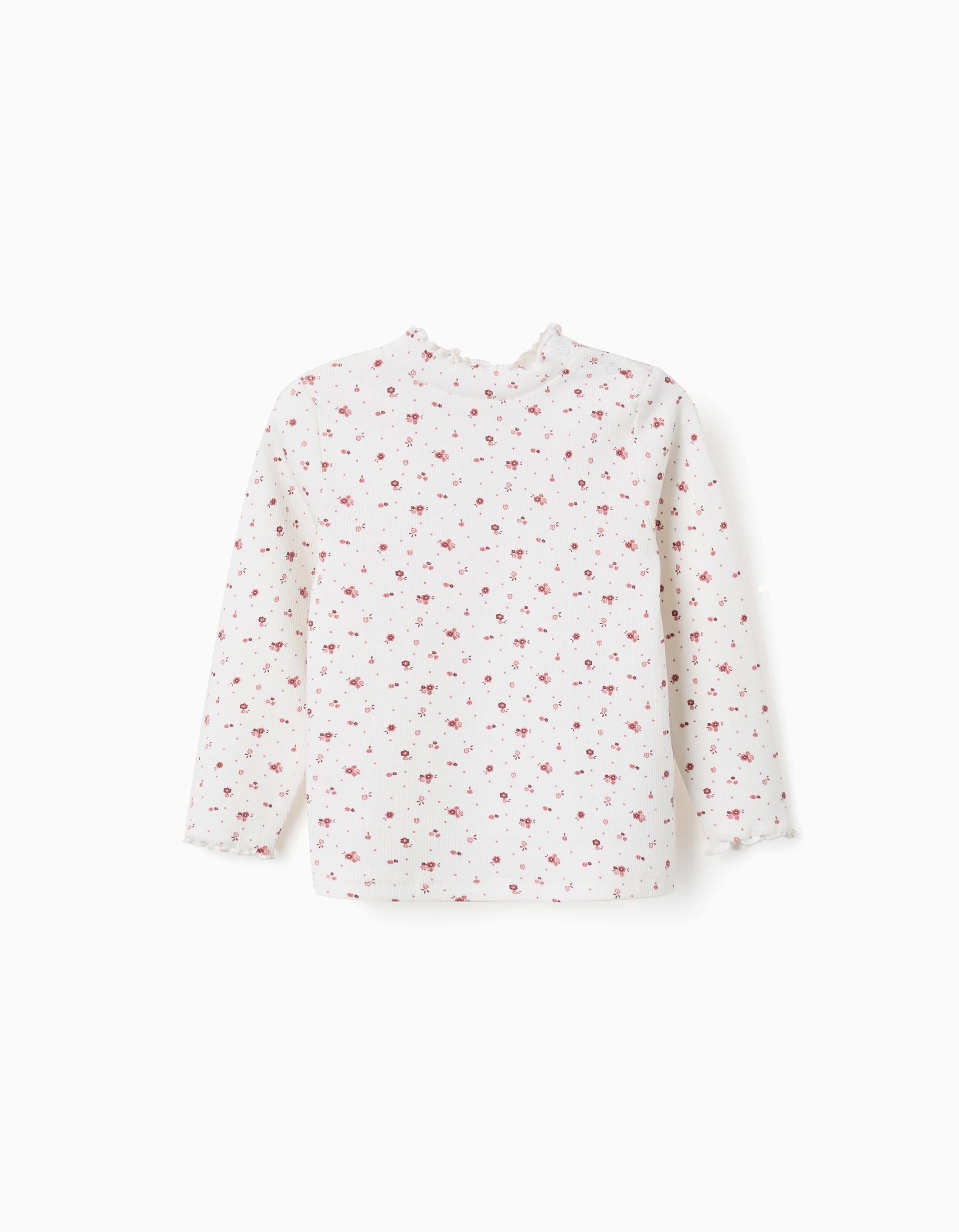Long sleeve ribbed T-shirt with floral pattern for baby girls, white