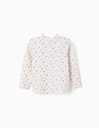 Long sleeve ribbed T-shirt with floral pattern for baby girls, white