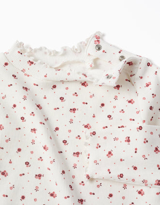 Long sleeve ribbed T-shirt with floral pattern for baby girls, white