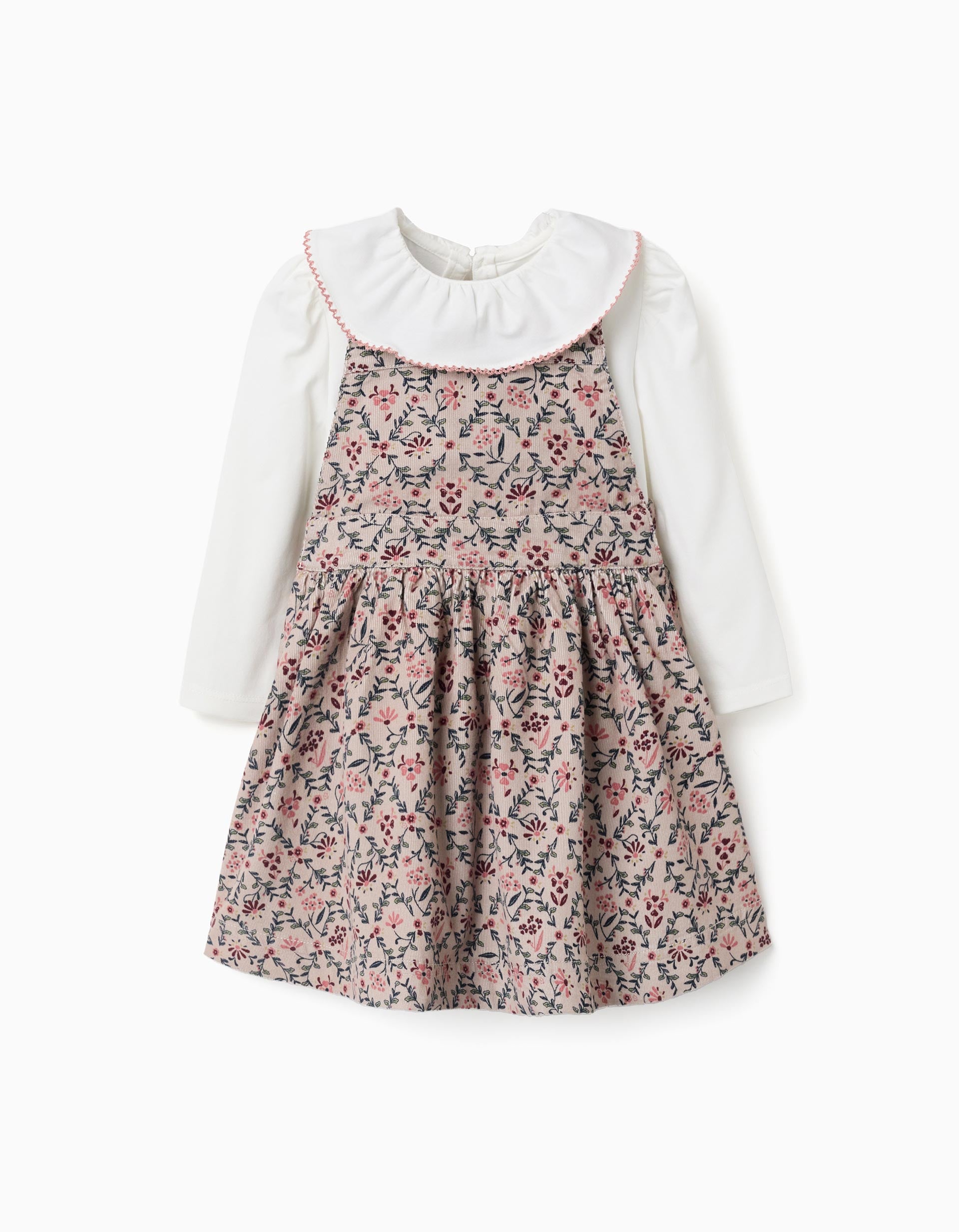 T-shirt and corduroy pinafore dress set for baby girls, white/beige