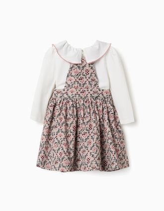 T-shirt and corduroy pinafore dress set for baby girls, white/beige
