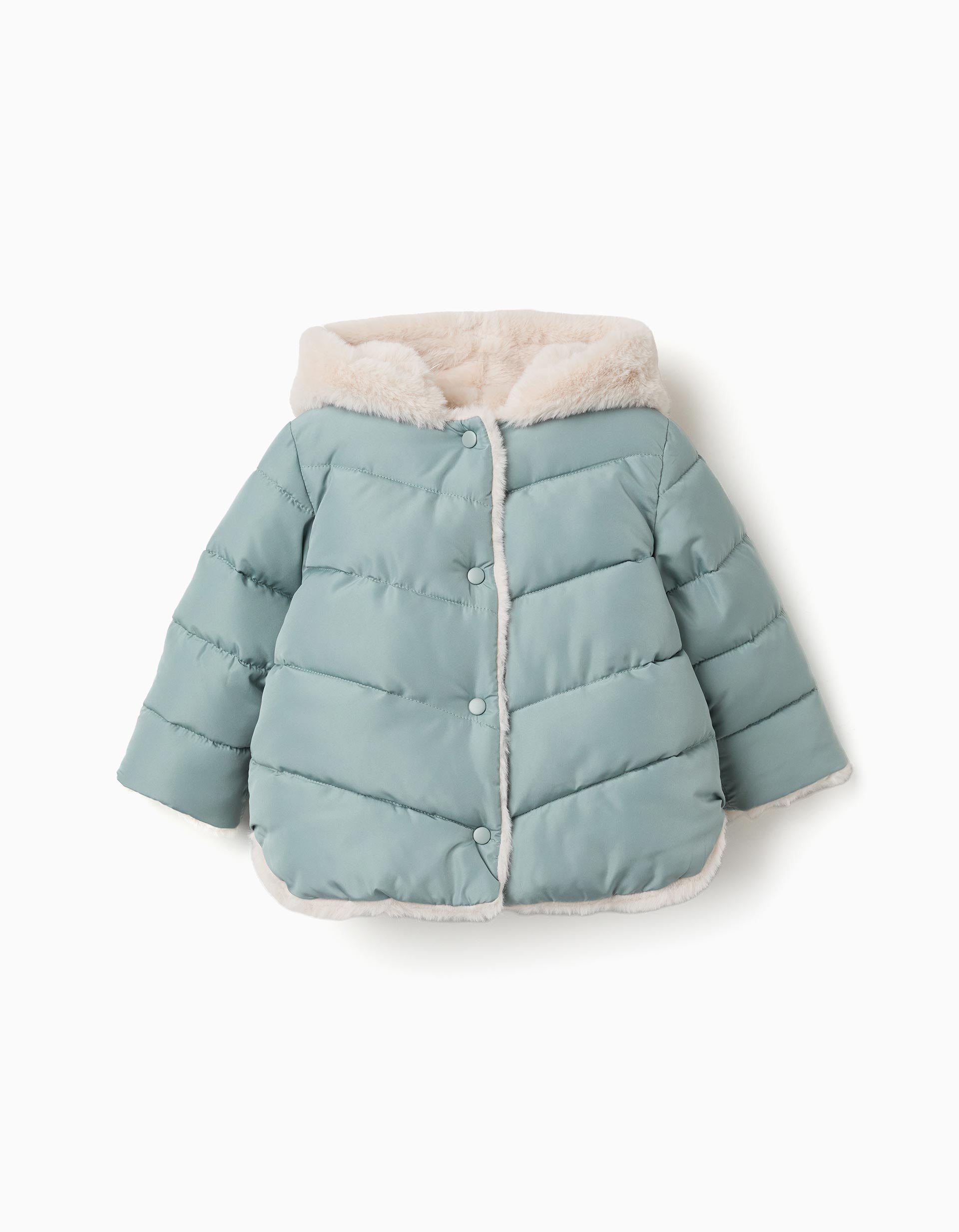 Chaqueta acolchada con capucha y forro de pelo para bebé niña, verde
