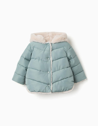 Chaqueta acolchada con capucha y forro de pelo para bebé niña, verde