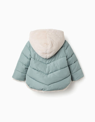 Chaqueta acolchada con capucha y forro de pelo para bebé niña, verde